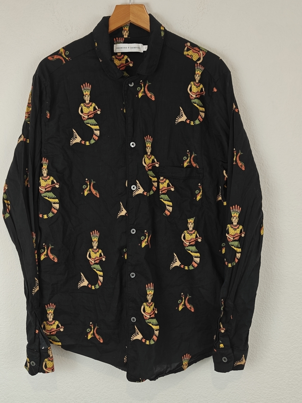 Desmond & Dempsey Mermaid Print Cotton Button-Up PJ Shirt, Men’s Large